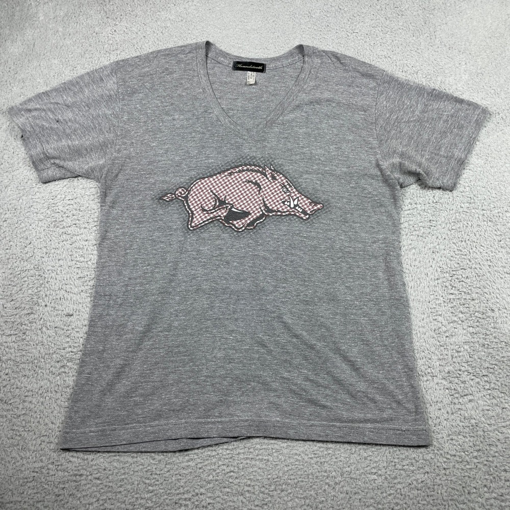 Arkansas Razorbacks V-Neck T-Shirt Womens Large Gray Short Sleeve Houndstooth